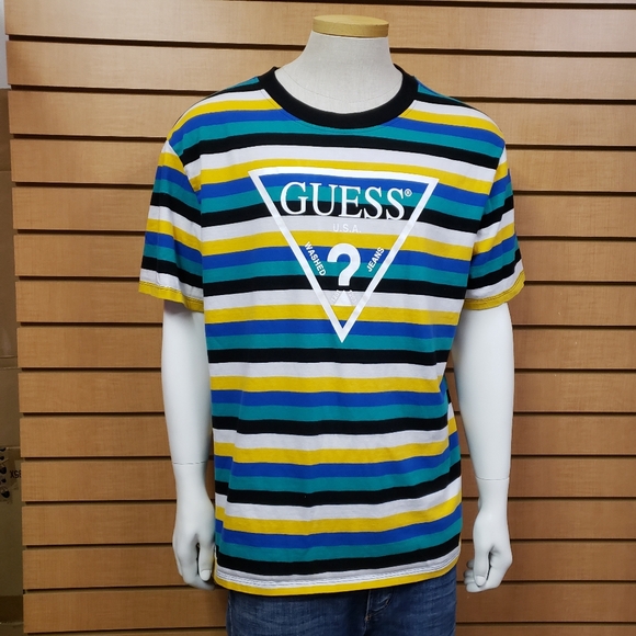 Guess Originals Striped Short Sleeve T-shirt Large Logo Spell Out Colorblock - Picture 1 of 7